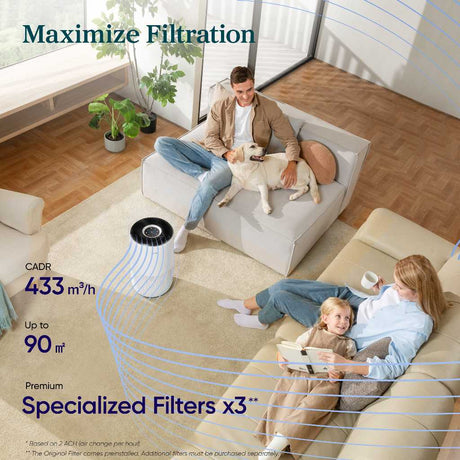 White air purifier on the floor with top grille and perforated lower panel