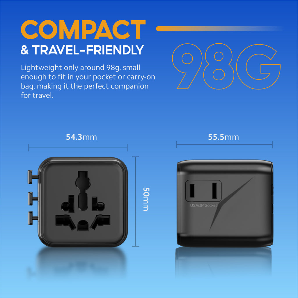 Compact black universal travel adapter with multi-socket outlet and measured size