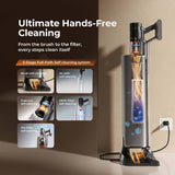 Cordless stick vacuum on charging dock, silver body and translucent dust chamber.