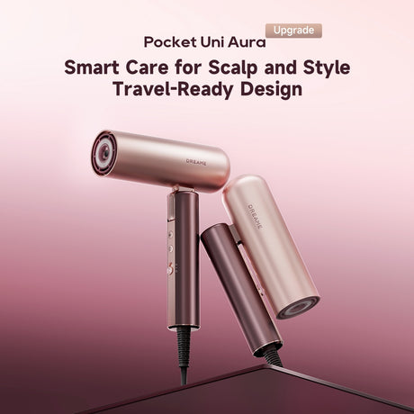 Portable pocket hair dryer in rose-gold with two detachable nozzle attachments