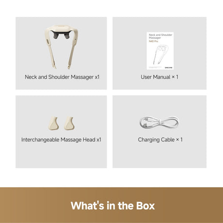 Neck and shoulder massager kit with device, manual, interchangeable heads, and charging cable