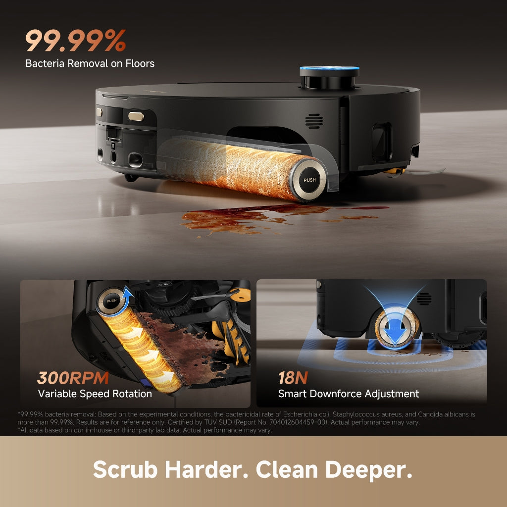 Robot vacuum with roller mop pad and front nozzle, shown scrubbing on a floor