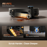 Robot vacuum with roller mop pad and front nozzle, shown scrubbing on a floor