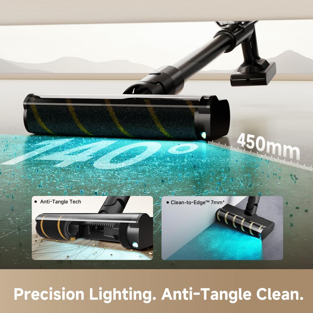 Cordless stick vacuum floor nozzle with bristle brush and LED light