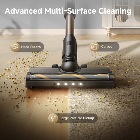 Cordless stick vacuum floor brush with large particle pickup on carpets and floors