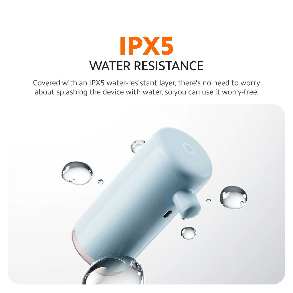 Blue automatic soap dispenser with water droplets, front sensor window