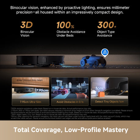 Low-profile robot vacuum with visible front module and blue indicator light strip