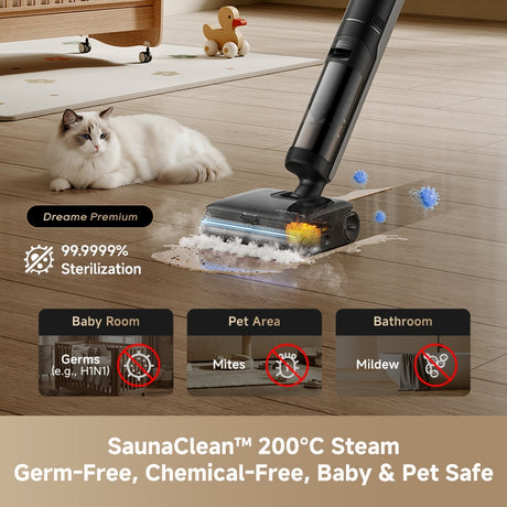 Steam wet and dry vacuum with floor nozzle cleaning hardwood floor near cat
