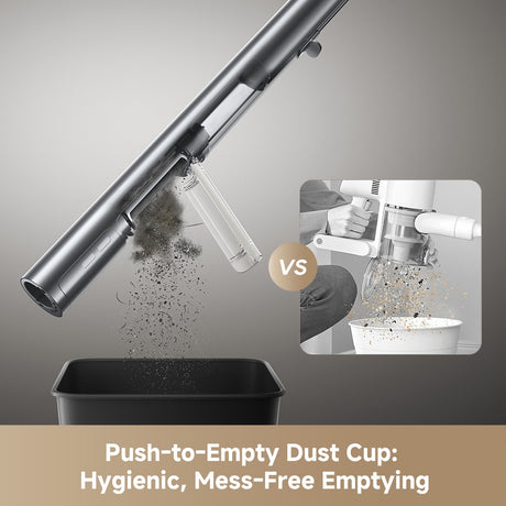 Cordless stick vacuum with push-to-empty dust cup