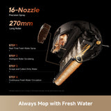 Robot vacuum with multi-nozzle fresh-water spray and rotating scrub roller