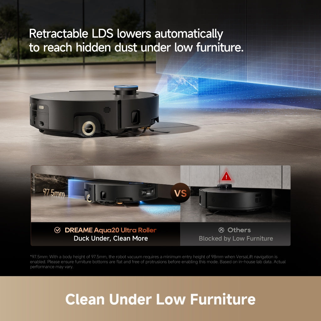 Low-profile robot vacuum with retractable LDS sensor and front roller mop pad