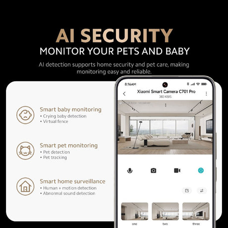 White smart security camera with smartphone showing smart monitoring icons and thumbnails.