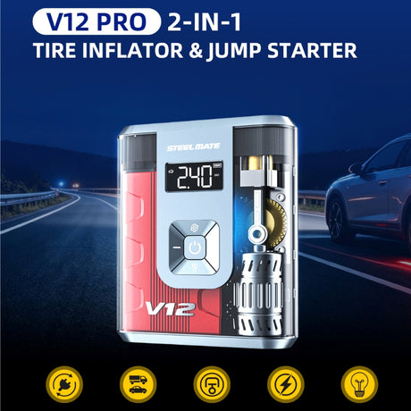 V12 Pro 2-in-1 tire inflator and jump starter with digital LCD screen