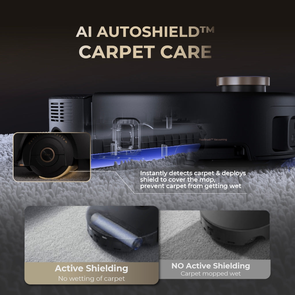 Robot vacuum with carpet care shielding concept shown on a rug