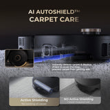 Robot vacuum with carpet care shielding concept shown on a rug