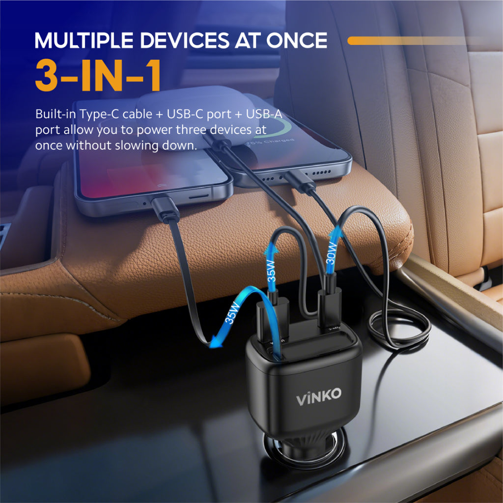 VINKO KV-1 100W Car Charger with Built-in USB-C Cable