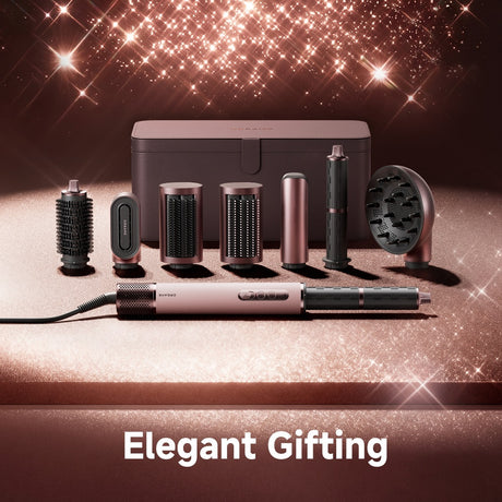 Rose gold hair styling system with multiple barrels, brushes, and diffuser attachment