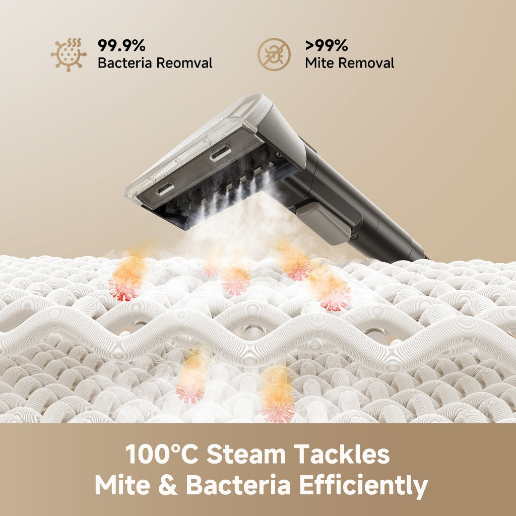 Steam carpet spot cleaner head releasing steam over white textured upholstery