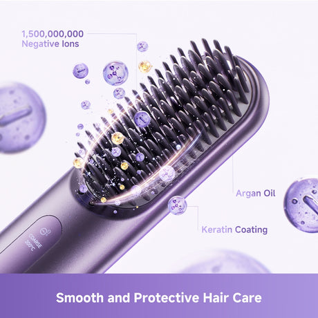 Purple cordless straightening brush with dense bristle rows and protective coating