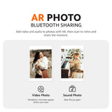 Portable photo printer feature panel showing AR photo Bluetooth sharing icons.