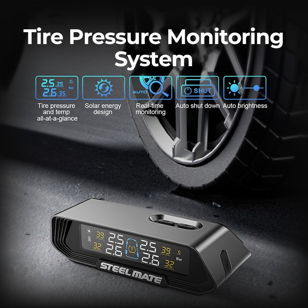 Solar TPMS tire pressure monitoring unit with digital readout, black and gray case