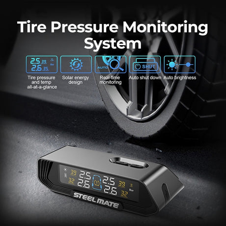 Solar TPMS tire pressure monitoring unit with digital readout, black and gray case
