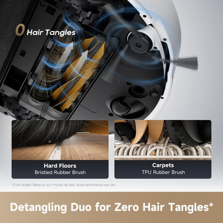 Robot vacuum interior with dual rubber brushes for hair tangles