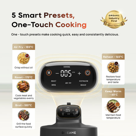 Glass air fryer with black control panel and illuminated smart preset screen