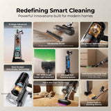 Cordless stick vacuum with multiple cleaning heads and accessories, silver and black.