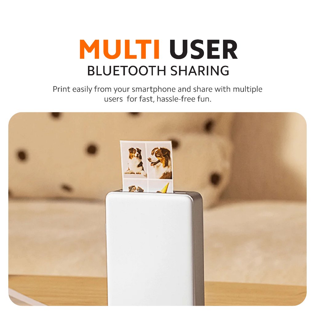 Portable photo printer feature panel showing multi-user Bluetooth sharing.