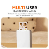 Portable photo printer feature panel showing multi-user Bluetooth sharing.