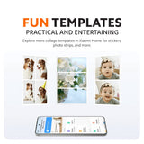 Portable photo printer feature panel with fun collage templates and phone preview.