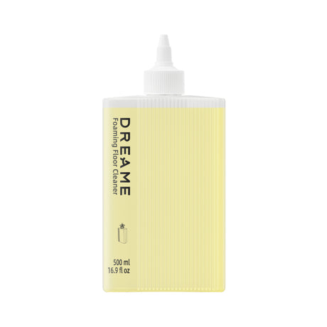 Dreame detergent refill bottle, front view yellow 500 ml with white nozzle cap