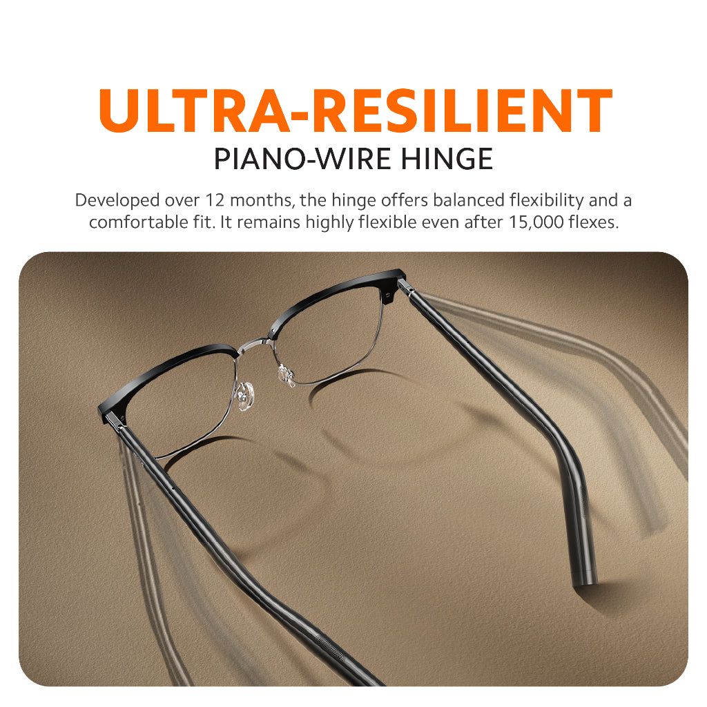 Smart audio glasses with metal frame and flexible hinge detail, oval lenses