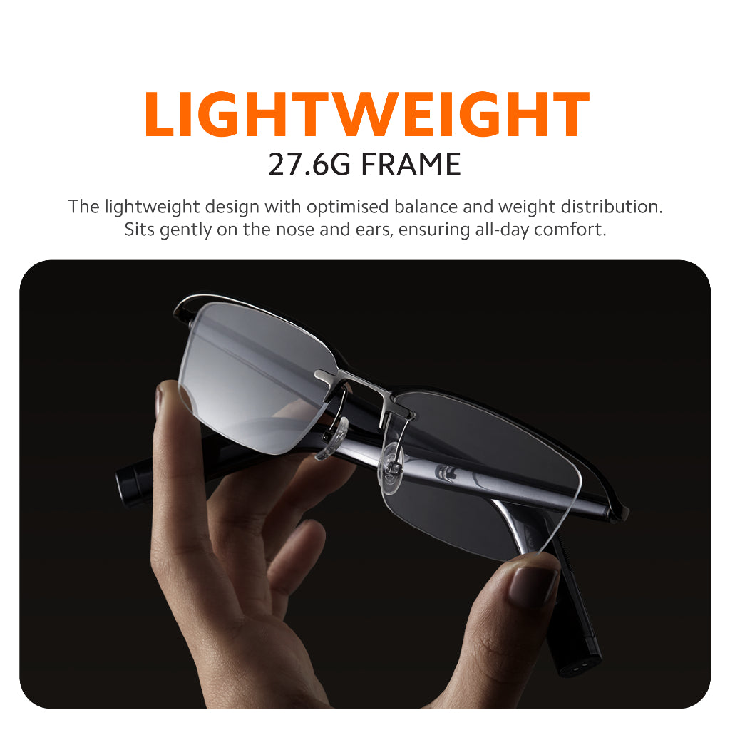 Smart audio glasses, lightweight thin frame with clear lenses, close side view
