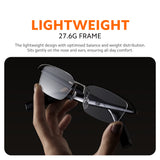 Smart audio glasses, lightweight thin frame with clear lenses, close side view