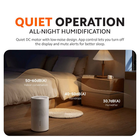 White humidifier on floor beside bed in a bedroom