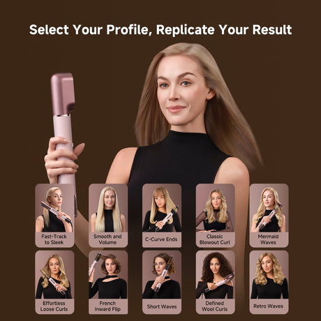 Rose gold hair styler held in hand with smoothing brush attachment