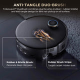 Robot vacuum top view with anti-tangle duo-brush on carpet