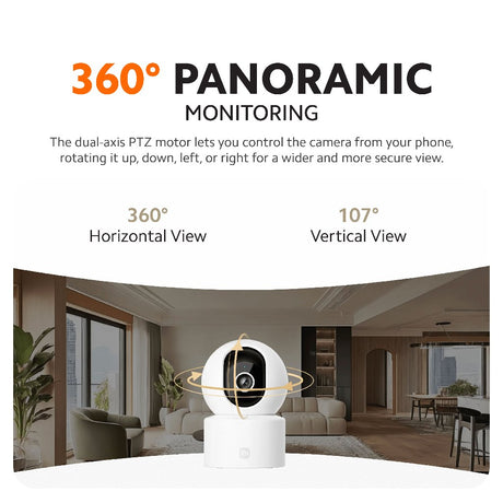 Indoor security camera 360° panoramic monitoring with PTZ rotation