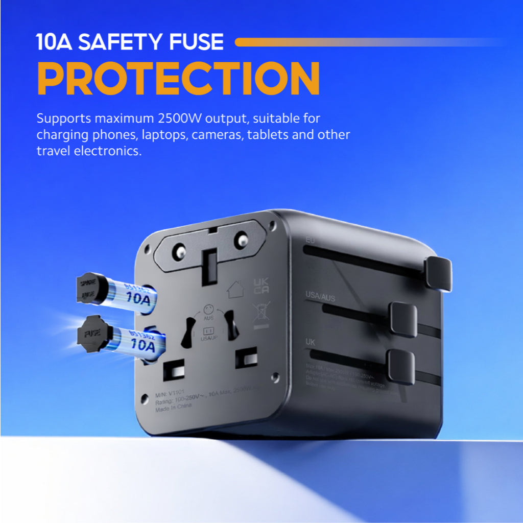 Black universal travel adapter with 10A safety fuse and multi-country plug outlets