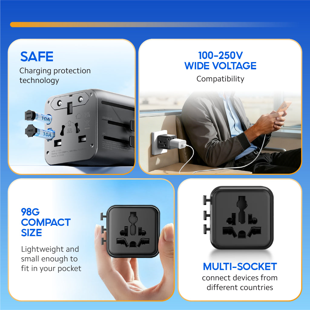 Universal travel adapter with multi-socket outlets and wide voltage compatibility