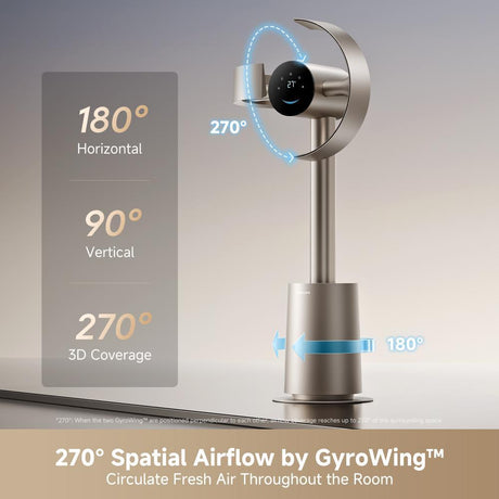 Bladeless fan with glowing airflow arc and circular LED display on the front