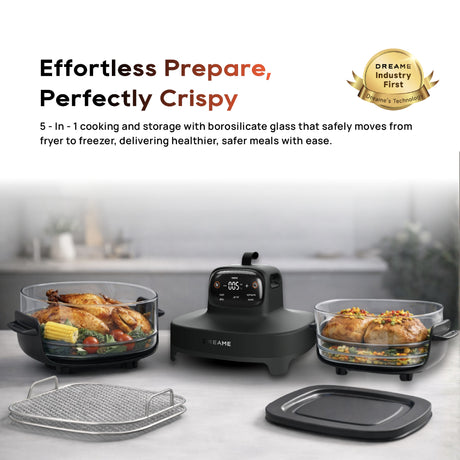 Glass air fryer with two glass containers, removable lids, and black base