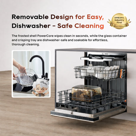 Glass air fryer with removable parts shown for dishwasher-safe cleaning
