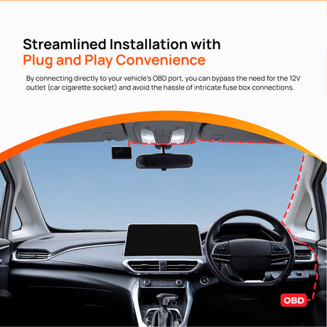 OBD-II hardwire kit with black in-car module and wiring shown in vehicle interior
