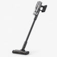 Cordless stick vacuum with clear dust bin and wide floor nozzle
