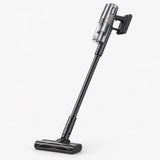 Cordless stick vacuum with clear dust bin and wide floor nozzle