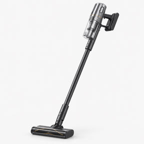 Cordless stick vacuum with clear dust bin and wide floor nozzle