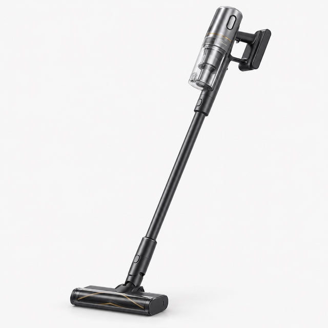 Cordless stick vacuum with clear dust bin and wide floor nozzle